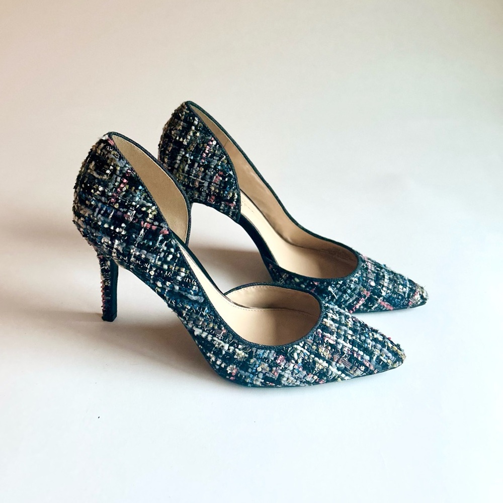 Jessica Simpson Black Pink Blue Textile Tweed Point Toe Heels size 10